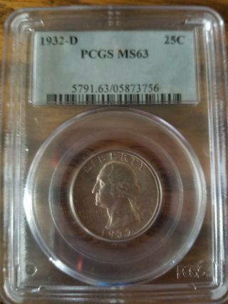 1932 - D (1932 D) 25c Pcgs Ms 63 Washington Quarter Silver Coin - Key Rare Date
