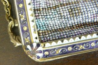 Antique French Micro Beaded Purse Enamel Amethyst Clasp Fringe Box