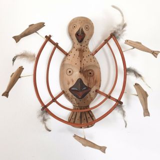 Vtg Old Yupik Inuit Eskimo Native Carved Wood Shaman Mask Birds And Salmon