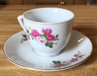 Vintage Teacup And Saucer White With Pink Roses