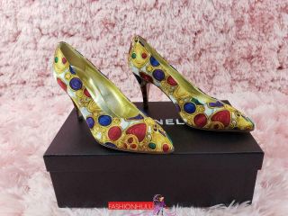 Vintage Chanel Satin Gripoix Jeweled Printed Pumps Shoes / 37.  5 / Us 6.  5
