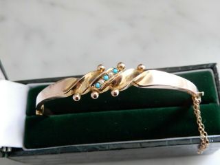 A Sstunning Antique 9 Ct Gold Turquoise And Seed Pearl Bangle