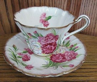 Royal Stafford Brushed Gold Pink Carnation Scalloped Tea Cup And Saucer