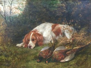 Rare Fine Large 19th Century Antique Dog / Hunting Oil Painting