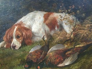 RARE FINE LARGE 19TH CENTURY ANTIQUE DOG / HUNTING OIL PAINTING 2