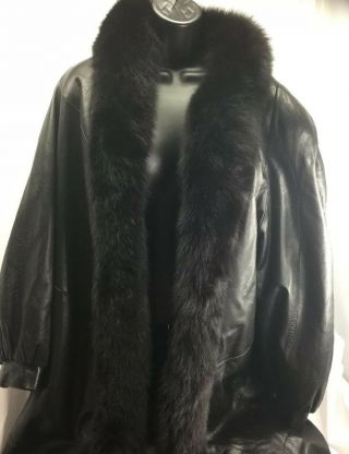 Vintage Rallee Black Leather Coat Fox Fur Collar Women’s Size Large