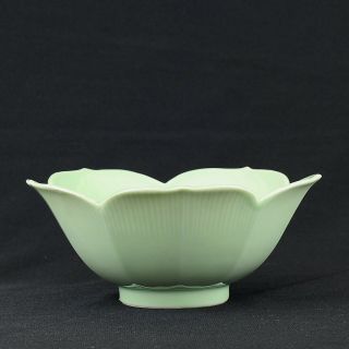 Vintage Chinese Celadon Green Porcelain Carved Bowl Lotus Petal Shaped
