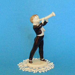Vintage Hungarian Hollohaza Art Deco Porcelain Trumpet Boy Marked Handpainted