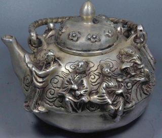 Exorcism Handwork Collectable Tibet Old Miao Silver Carve Ancient 8 God Tea Pot