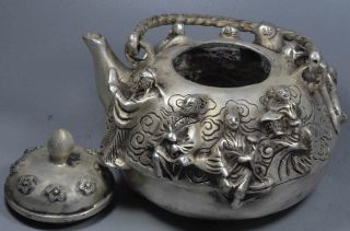 Exorcism Handwork Collectable Tibet Old Miao Silver Carve Ancient 8 God Tea Pot 3