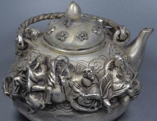 Exorcism Handwork Collectable Tibet Old Miao Silver Carve Ancient 8 God Tea Pot 4