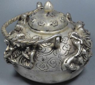 Exorcism Handwork Collectable Tibet Old Miao Silver Carve Ancient 8 God Tea Pot 5