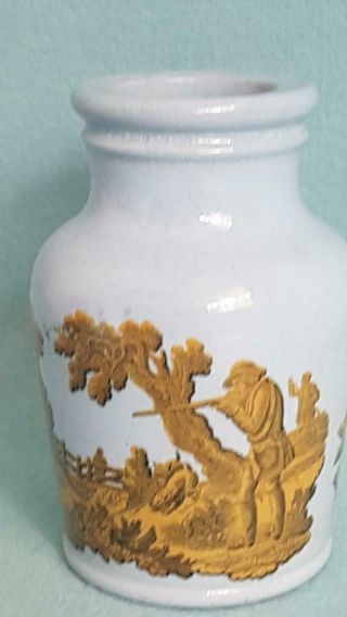 Antique Prattware Pottery Jar 1850s Blue W Country Hunting Scenes