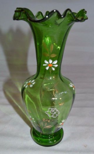 Lovely Victorian Ruffled Top Green Bud Vase With Enamel Floral Decoration