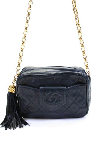 Chanel Womens Vintage Lambskin Leather Quilted Camera Bag Shoulder Handbag Blue