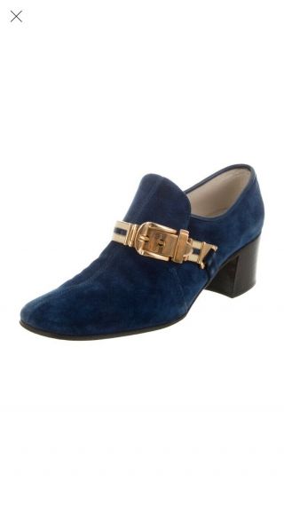 Gorgeous Gucci Vintage Blue Suede Pumps Loafers With Gold Enamel Buckle 35.  5 5.  5