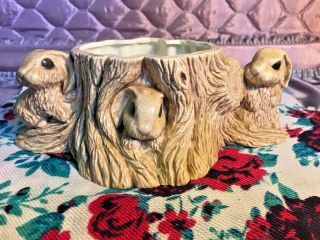 Vintage Unique Squirrel Rabbit Tree Trunk Ceramic Planter Decor Hand Painted