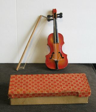 Vintage Toy Tin Violin With Bow And Box