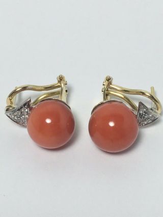 18k Solid Yellow Gold Natural Red Coral Diamonds Vintage Earrings Made In Italy