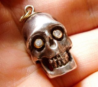 Vintage Or Antique Silver,  Gold & Diamond Skull Pendant