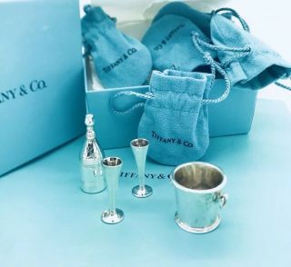 Tiffany & Co Sterling Miniature Champagne Bottle,  Bucket,  Ice Cubes,  2 Glasses