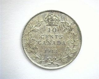 CANADA 1913 SILVER 10 CENTS - BROAD LEAVES - CHOICE ABOUT UNCIRCULATED VERY RARE 3