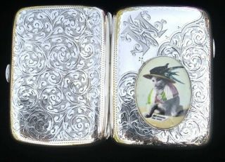 Famous Suffragette Cat Enamel Set Solid Silver Cigarette Case Hallmark Bham 1904