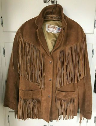 Womens Vintage Schott Western Nyc Suede Fringe Coat Jacket Sz 14 Chestnut Brown