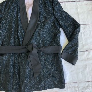 VTG LORD & TAYLOR Blue Black Brocade Smoking Jacket Robe Belt Playboy Hefner M 2