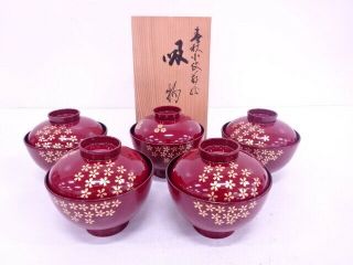 70722 Japanese Red Lacquered / Lidded Soup Bowl Set Of 5