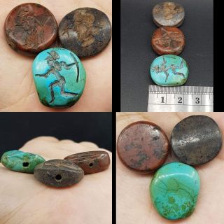 Agate Turquoise Lapis Old 3 Stone Intaglio King Seals Beads 13
