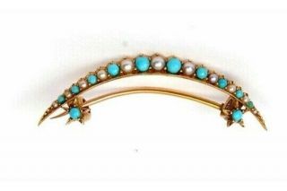 FINE ANTIQUE EDWARDIAN 18 CARAT GOLD TURQUOISE & SEED PEARL CRESCENT BROOCH PIN 11