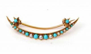Fine Antique Edwardian 18 Carat Gold Turquoise & Seed Pearl Crescent Brooch Pin