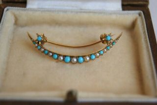 FINE ANTIQUE EDWARDIAN 18 CARAT GOLD TURQUOISE & SEED PEARL CRESCENT BROOCH PIN 6