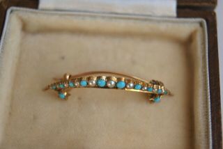 FINE ANTIQUE EDWARDIAN 18 CARAT GOLD TURQUOISE & SEED PEARL CRESCENT BROOCH PIN 7