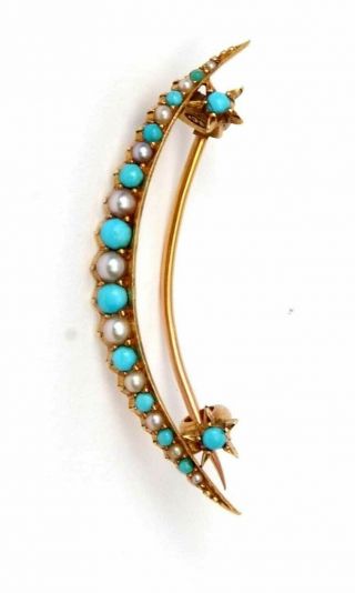 FINE ANTIQUE EDWARDIAN 18 CARAT GOLD TURQUOISE & SEED PEARL CRESCENT BROOCH PIN 8