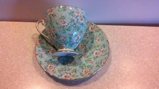Shelly Bone China Cup And Saucer In Marguerite Pattern,  Green Floral