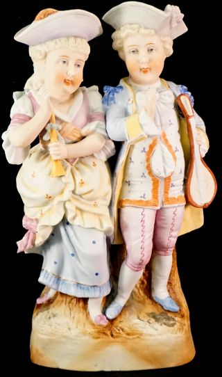 Hand Painted German Bisque Figurine Victorian Boy & Girl W/ Musical Instruments