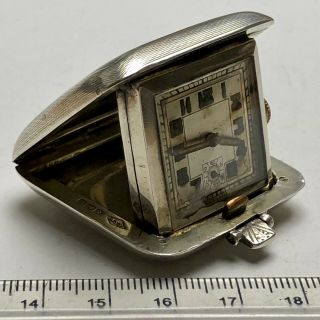 1935 Solid Silver Hallmarked Swiss Miniature Travel Clock - Art Deco -
