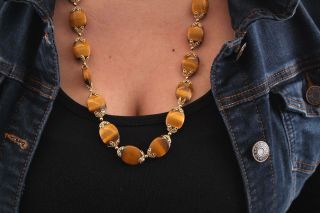 Unique 14kt Yellow Gold & Tigers Eye 24 Stone Necklace,  26.  5in Long,