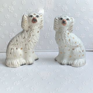 19 Century Staffordshire White & Gilt Porcelain King Charles Spaniel Dogs Flaws