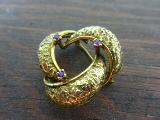 Stunning Antique Hammered Solid 14k Gold Brooch Pin With Rubies 9.  2 Grams Signed
