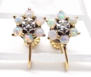 Vtg 14k Gold White Fire Opal Diamond Earrings Cluster Flower Screw Back Clip On
