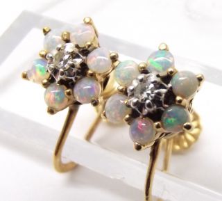 Vtg 14K Gold White Fire Opal Diamond Earrings Cluster Flower Screw Back Clip on 3