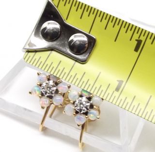 Vtg 14K Gold White Fire Opal Diamond Earrings Cluster Flower Screw Back Clip on 4