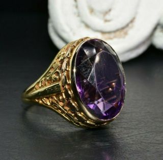 True Antique 14k Yellow Gold Filigree Oval Amethyst Solitaire Ring