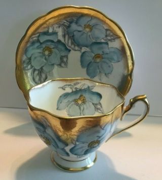 Vintage Queen Anne Magnolia Blue & Gold Tea Cup & Saucer England