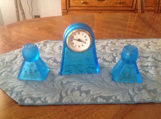 Fostoria Blue Cupid Clock And Candlesticks - Rare,  H - T - F
