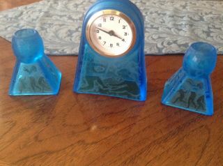Fostoria Blue Cupid Clock and Candlesticks - Rare,  H - T - F 5