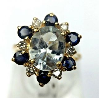 Vintage 14k Yellow Gold 1.  50ct Natural Aquamarine Sapphire Diamond Halo Ring